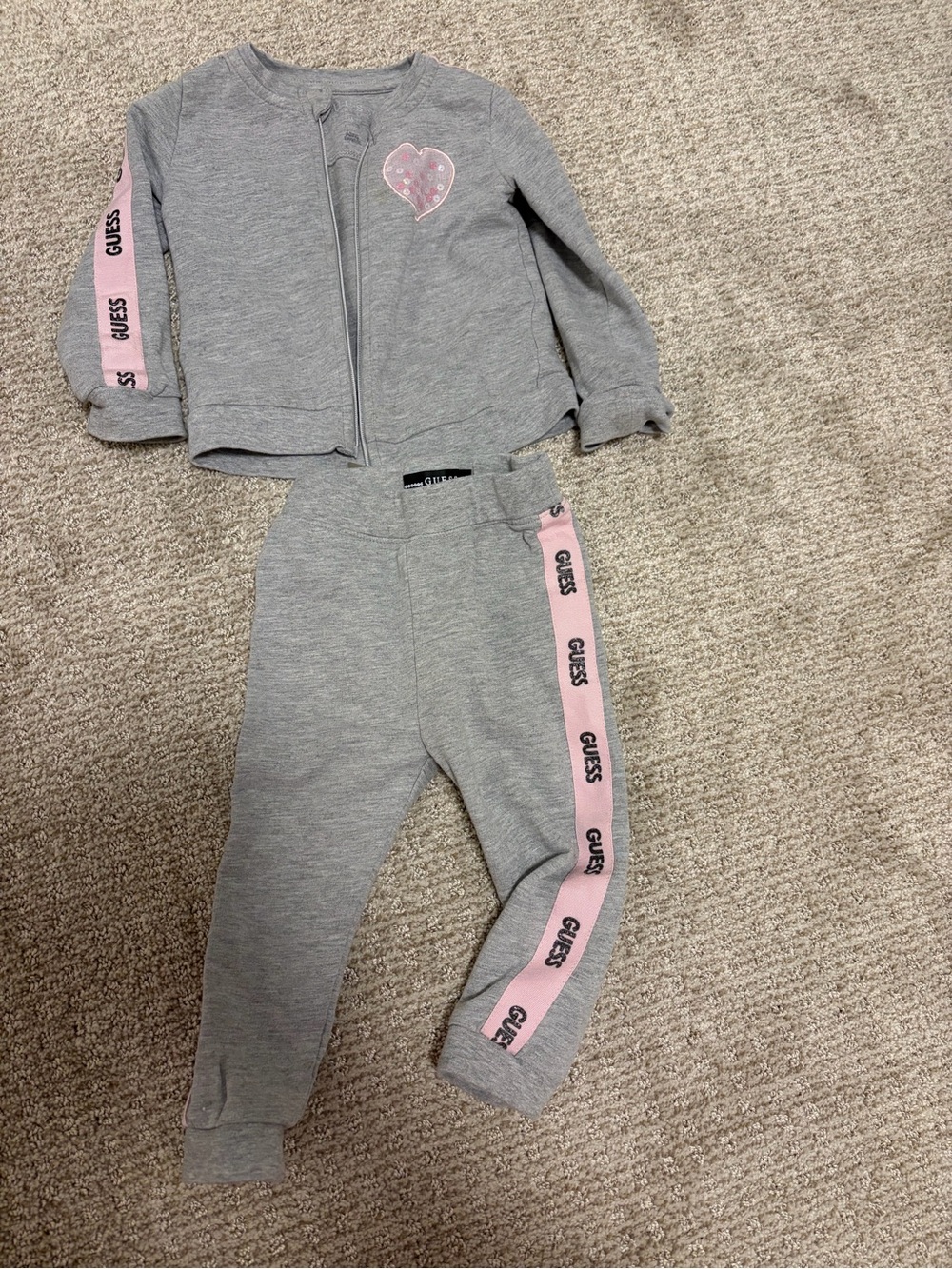 G by Guess Gray and Pink Heart Zip Sweatshirt & Joggers Set